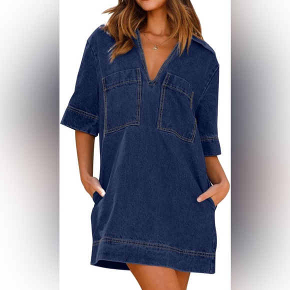 NWT Womens Summer V Neck Mini Denim Dress with Pockets size S - Picture 3 of 4